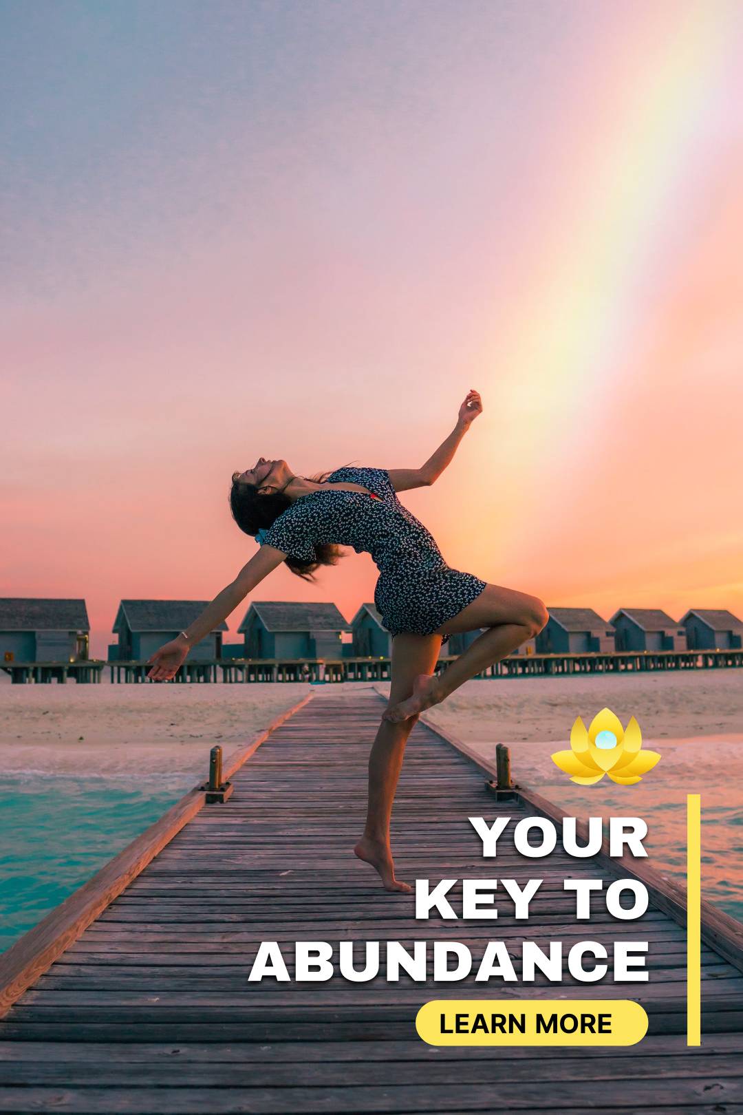 Girl dancing on the pierce near ocean with the rainbow and sunset in the sky